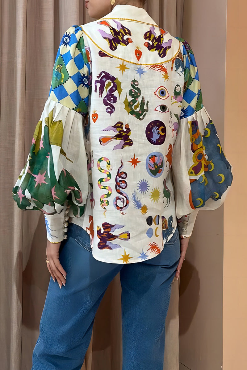 Casual Print Turndown Collar Tops - Fashionpara