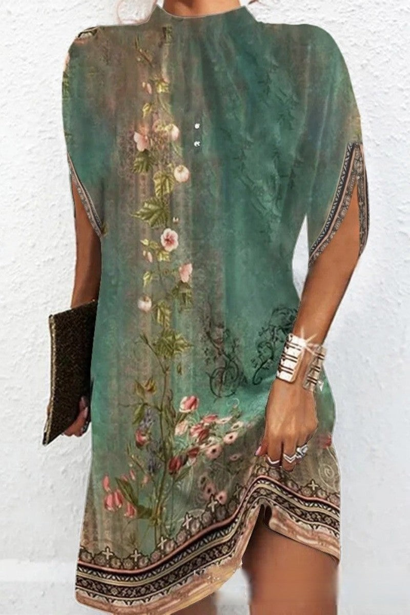 Casual Print Solid Patchwork Half A Turtleneck Short Sleeve Dress(11 Colors) - Fashionpara