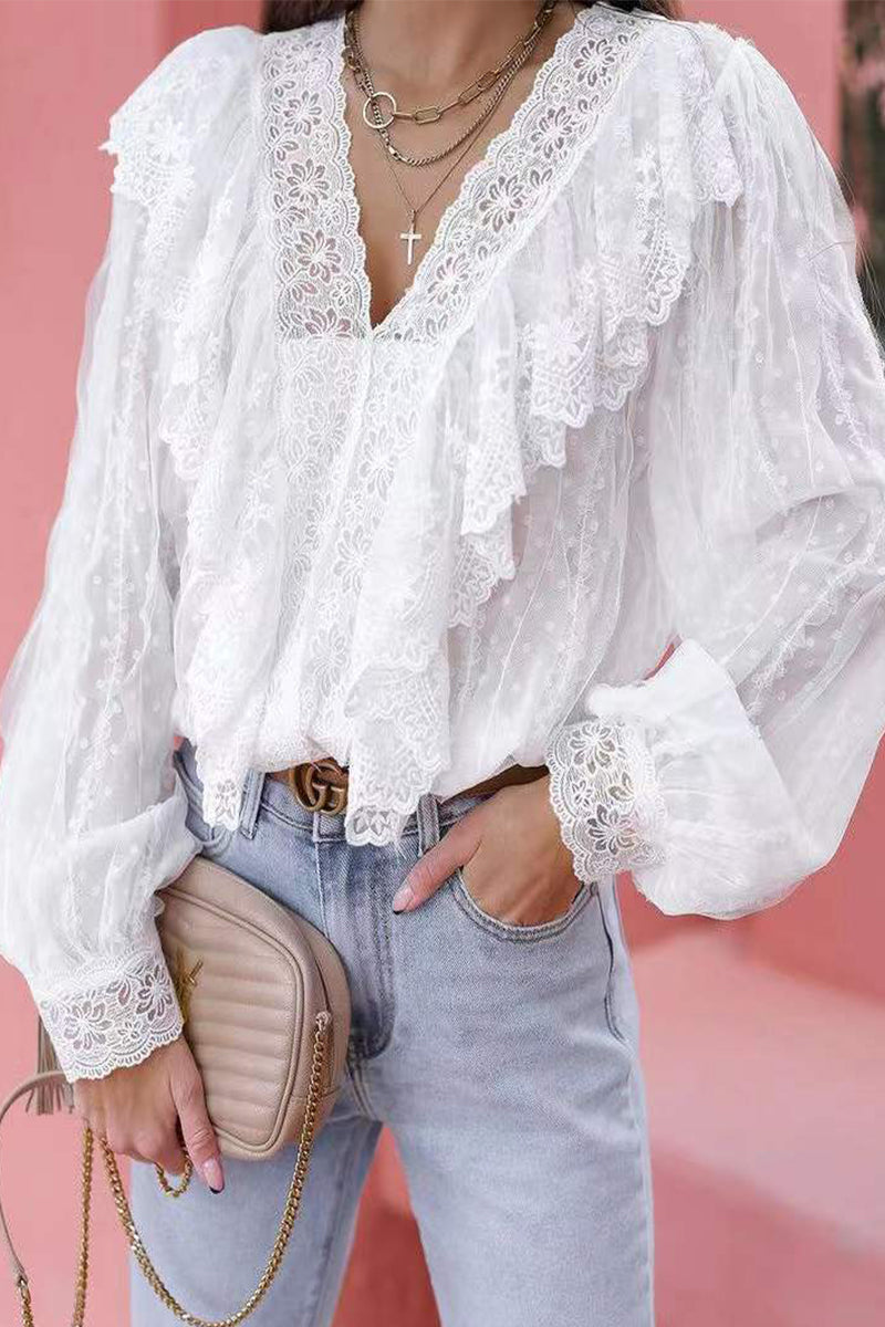 Elegant Solid Lace Patchwork V Neck Blouses  Fashionpara