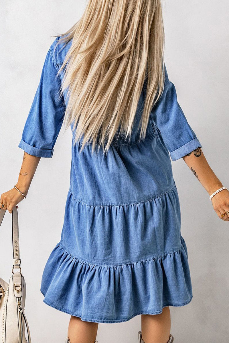 Casual Street Solid Patchwork Turndown Collar Nine Points Sleeve Loose Denim Dresses - Fashionpara