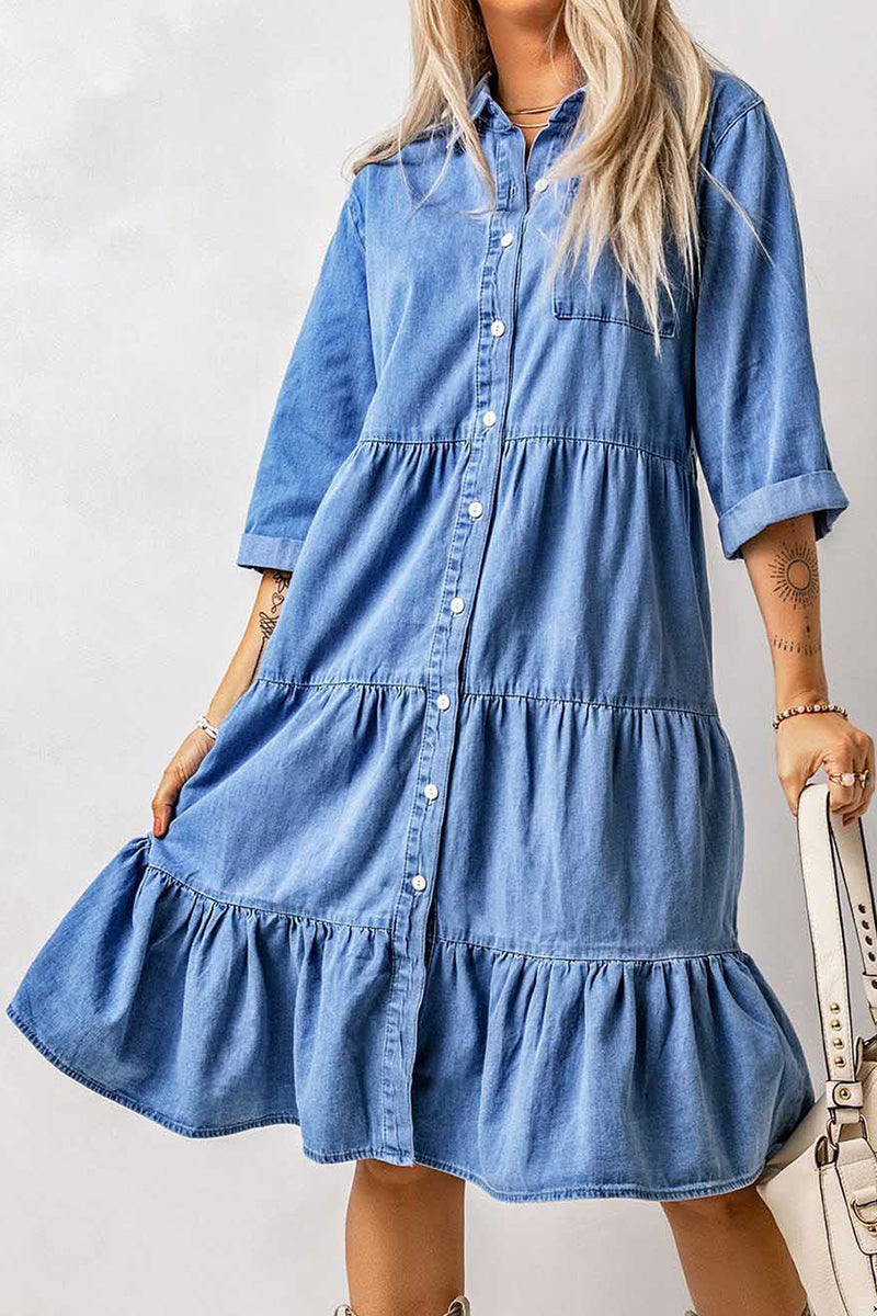 Casual Street Solid Patchwork Turndown Collar Nine Points Sleeve Loose Denim Dresses - Fashionpara