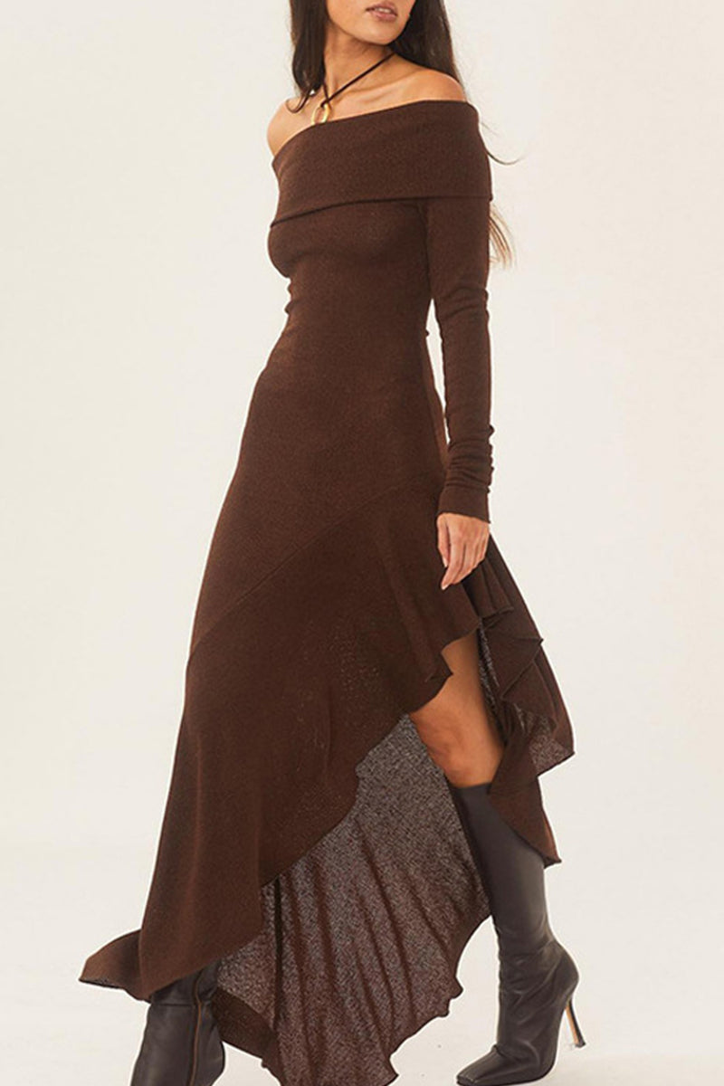 Sexy Solid Flounce Off the Shoulder Irregular Dress Dresses - Fashionpara