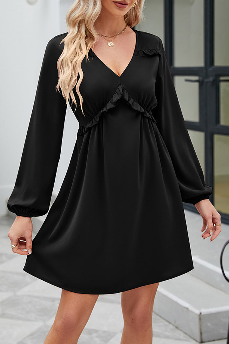 Sweet Elegant Solid Patchwork V Neck A Line Dresses - Fashionpara