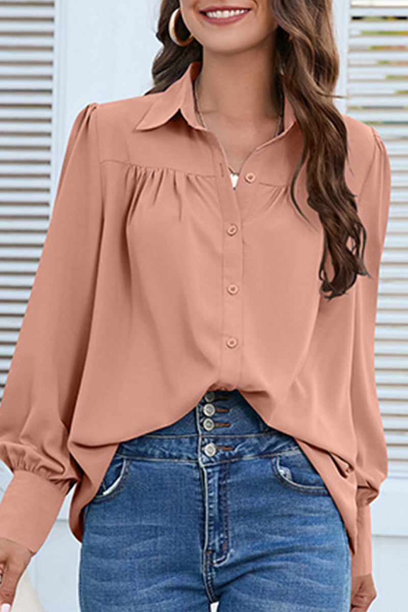 Casual Solid Buttons Shirt Collar Tops - Fashionpara