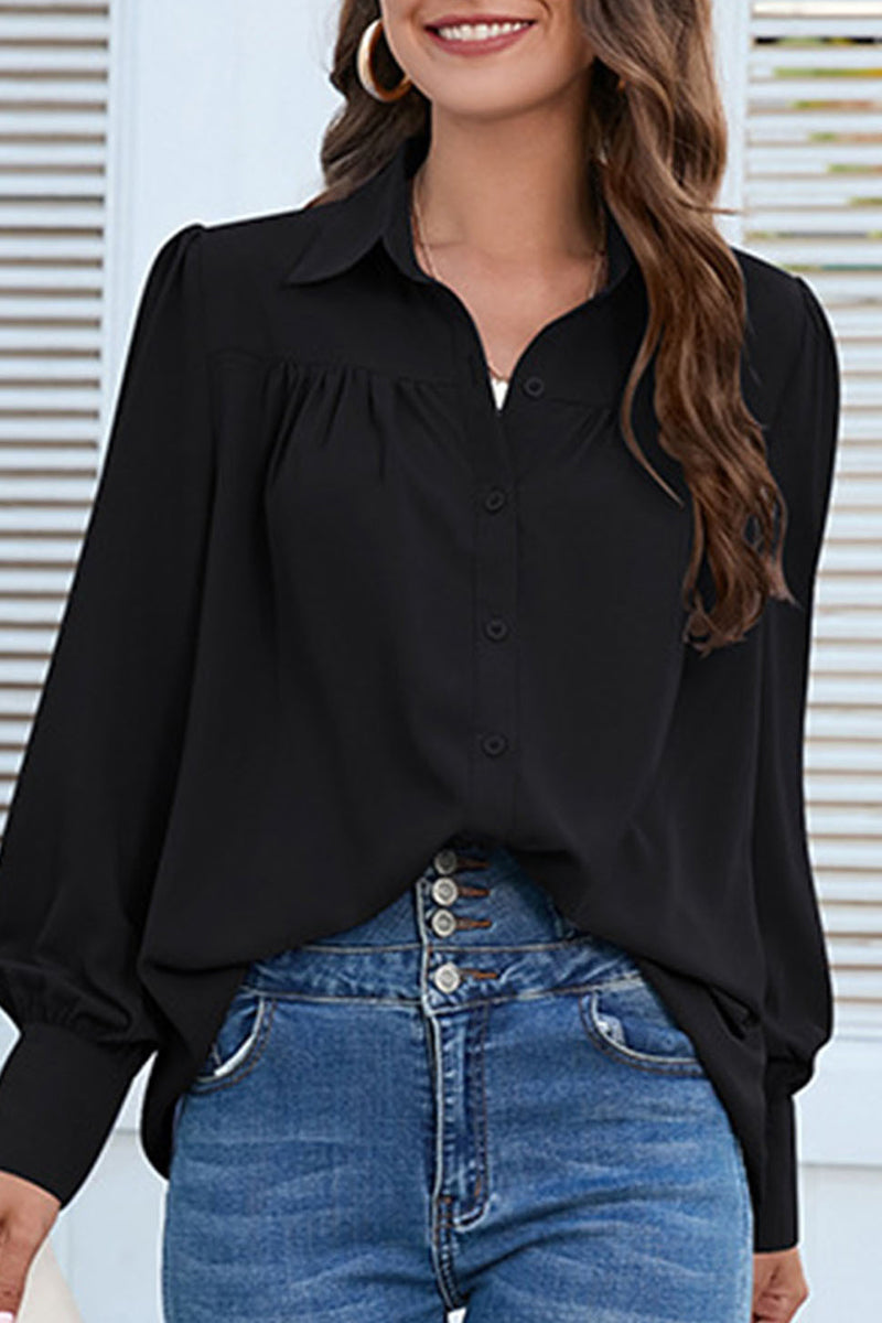 Casual Solid Buttons Shirt Collar Tops - Fashionpara