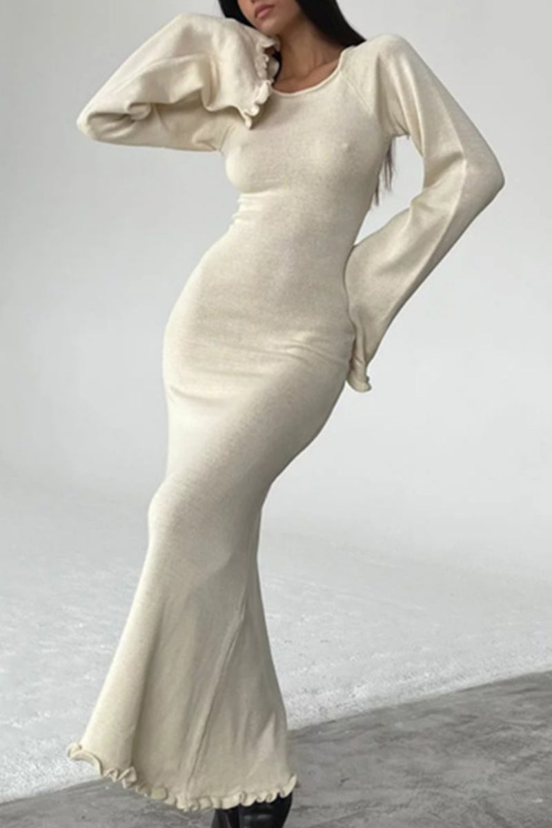 Casual Solid Backless Stringy Selvedge O Neck Long Sleeve Dresses(3 Colors)  Fashionpara