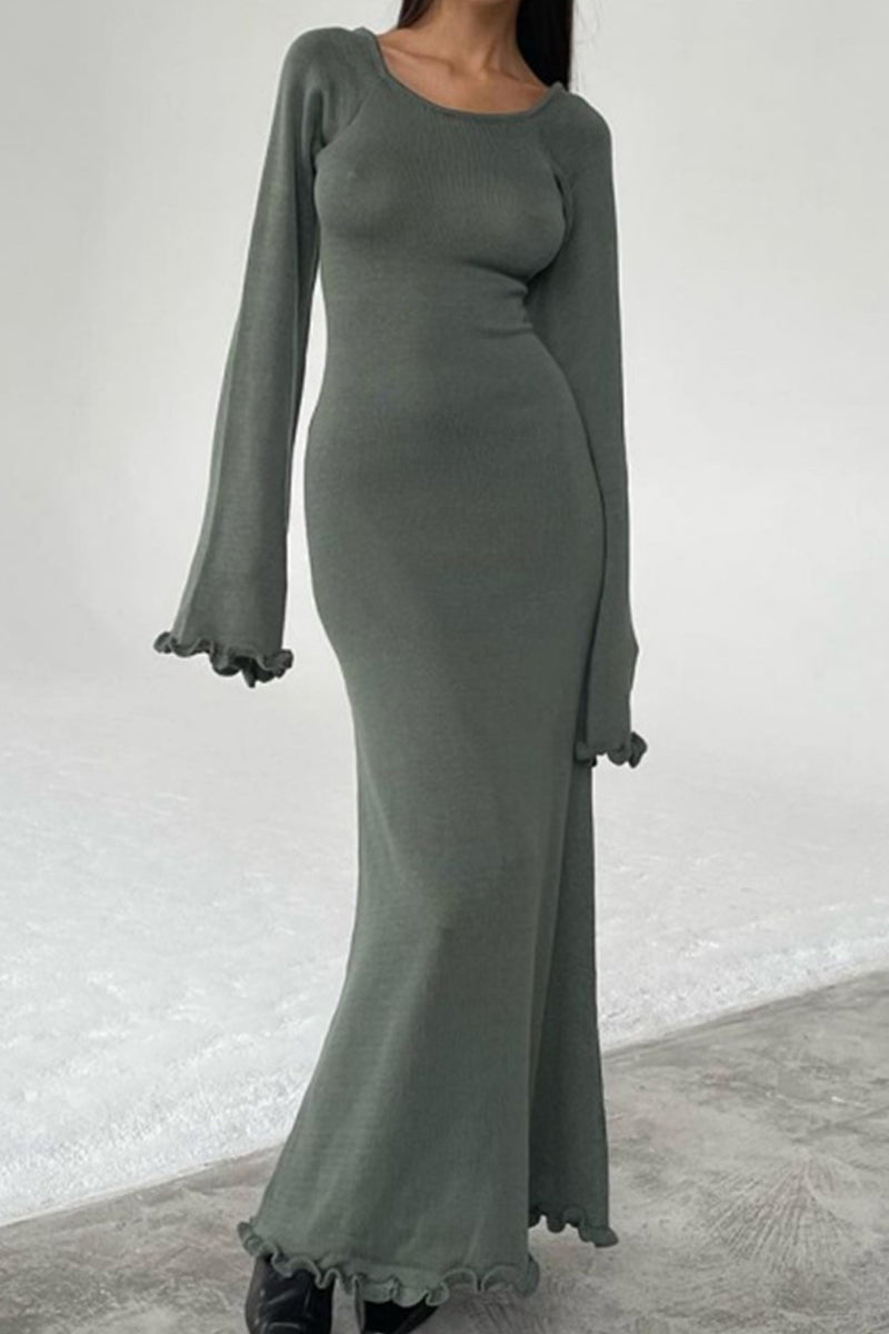 Casual Solid Backless Stringy Selvedge O Neck Long Sleeve Dresses(3 Colors)  Fashionpara