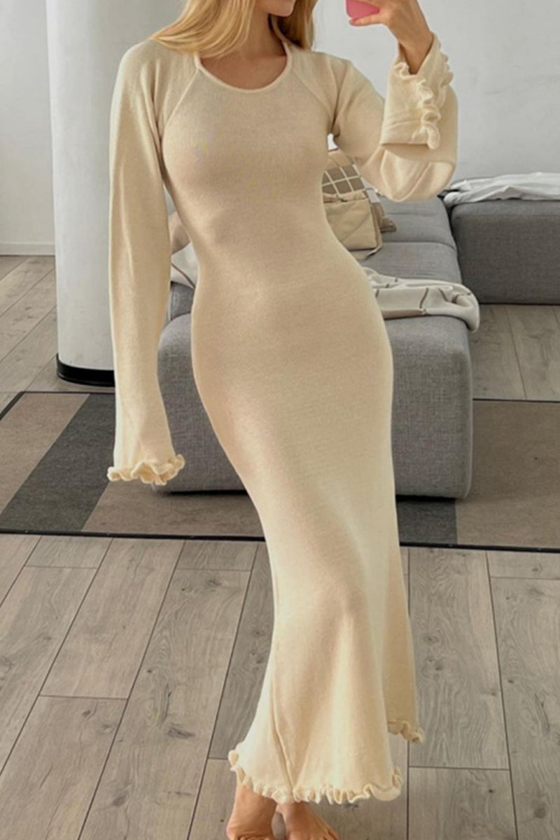 Casual Solid Backless Stringy Selvedge O Neck Long Sleeve Dresses(3 Colors)  Fashionpara