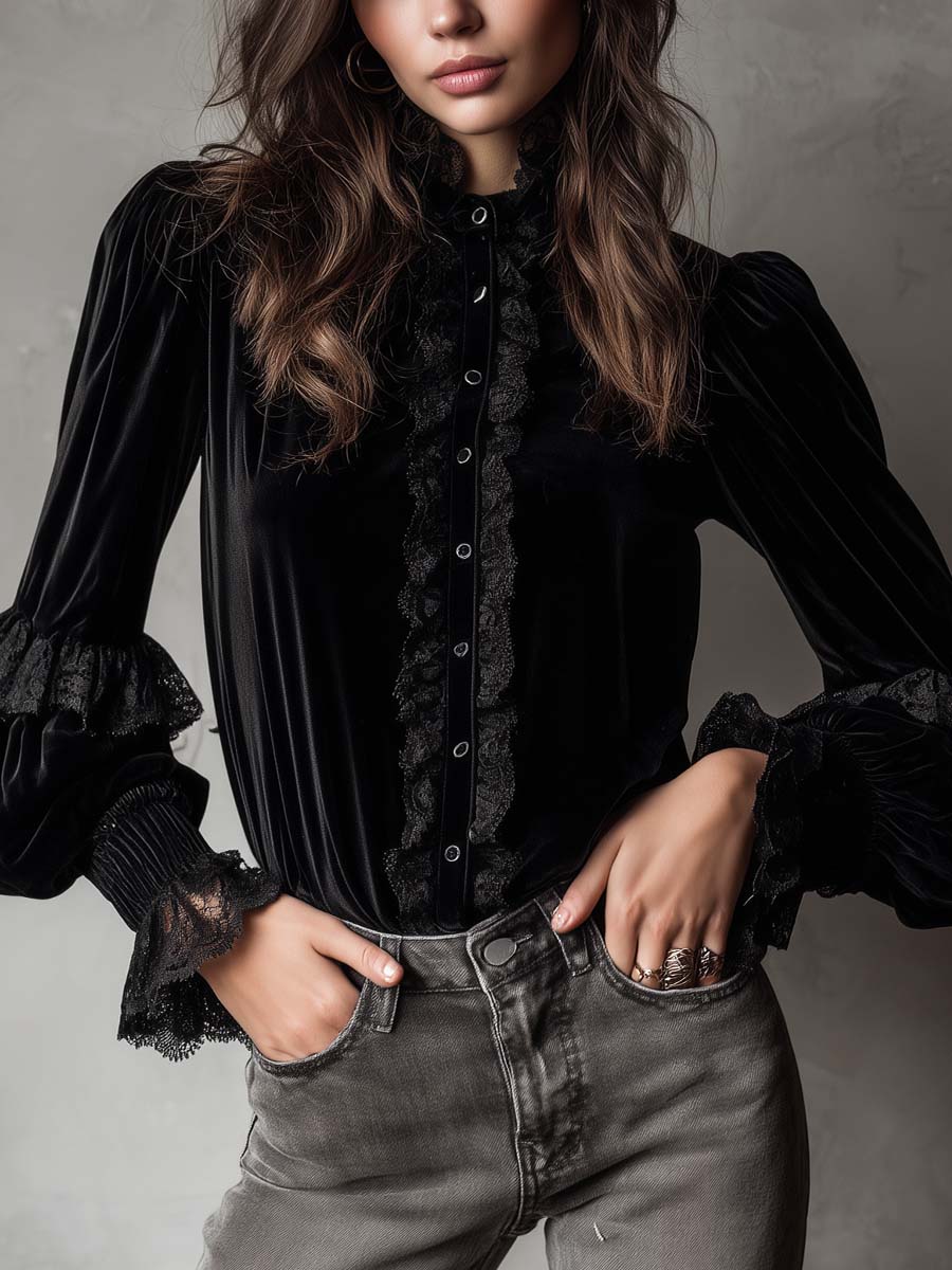 Velvet Ruffle Lace Blouse With Puff Sleeves - Fashionpara