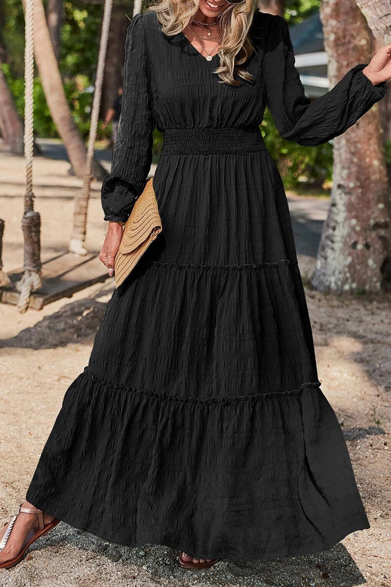 Casual Vacation Solid Fold V Neck A Line Dresses  Fashionpara