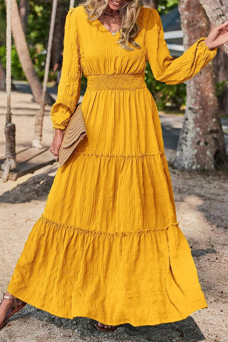 Casual Vacation Solid Fold V Neck A Line Dresses  Fashionpara