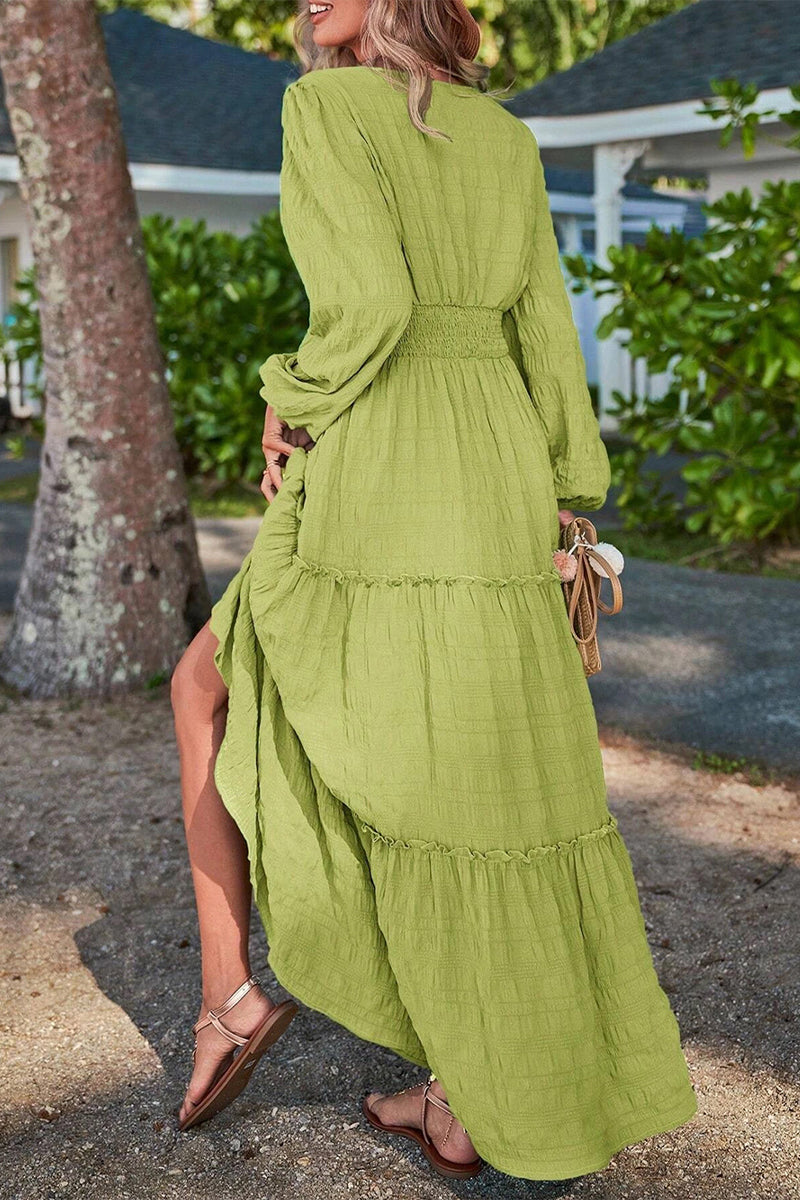 Casual Vacation Solid Fold V Neck A Line Dresses  Fashionpara