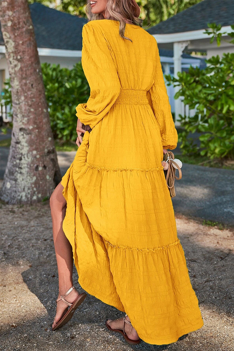 Casual Vacation Solid Fold V Neck A Line Dresses  Fashionpara