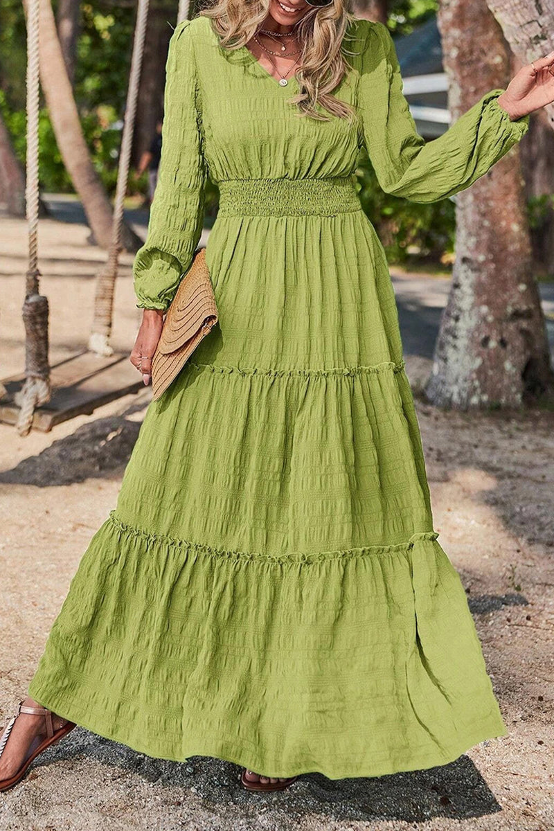 Casual Vacation Solid Fold V Neck A Line Dresses  Fashionpara