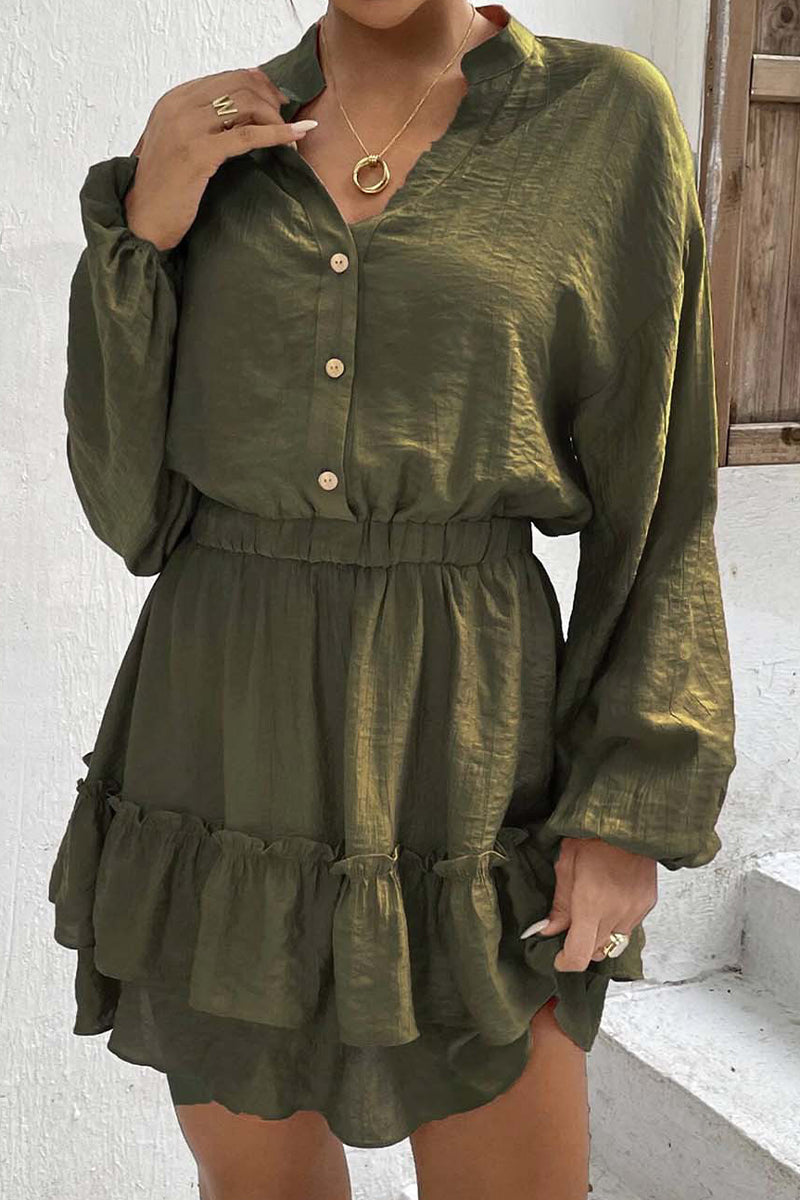 Casual Solid Flounce Half A Turtleneck Waist Skirt Dresses - Fashionpara