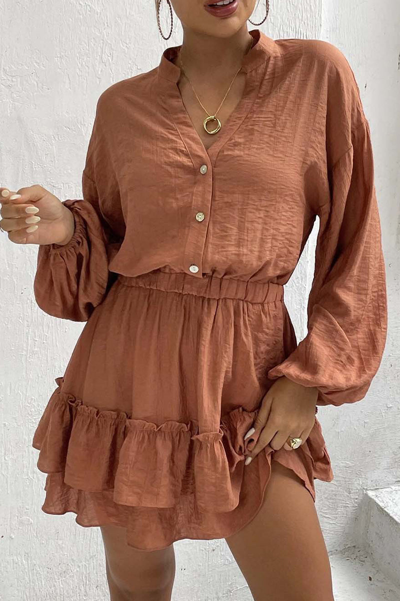 Casual Solid Flounce Half A Turtleneck Waist Skirt Dresses - Fashionpara