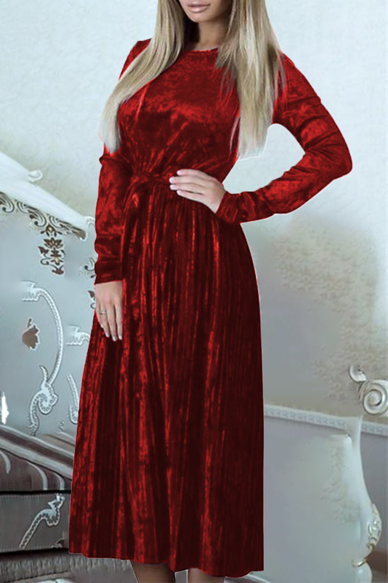 Solid Frenulum O Neck Pleated Dresses - Fashionpara