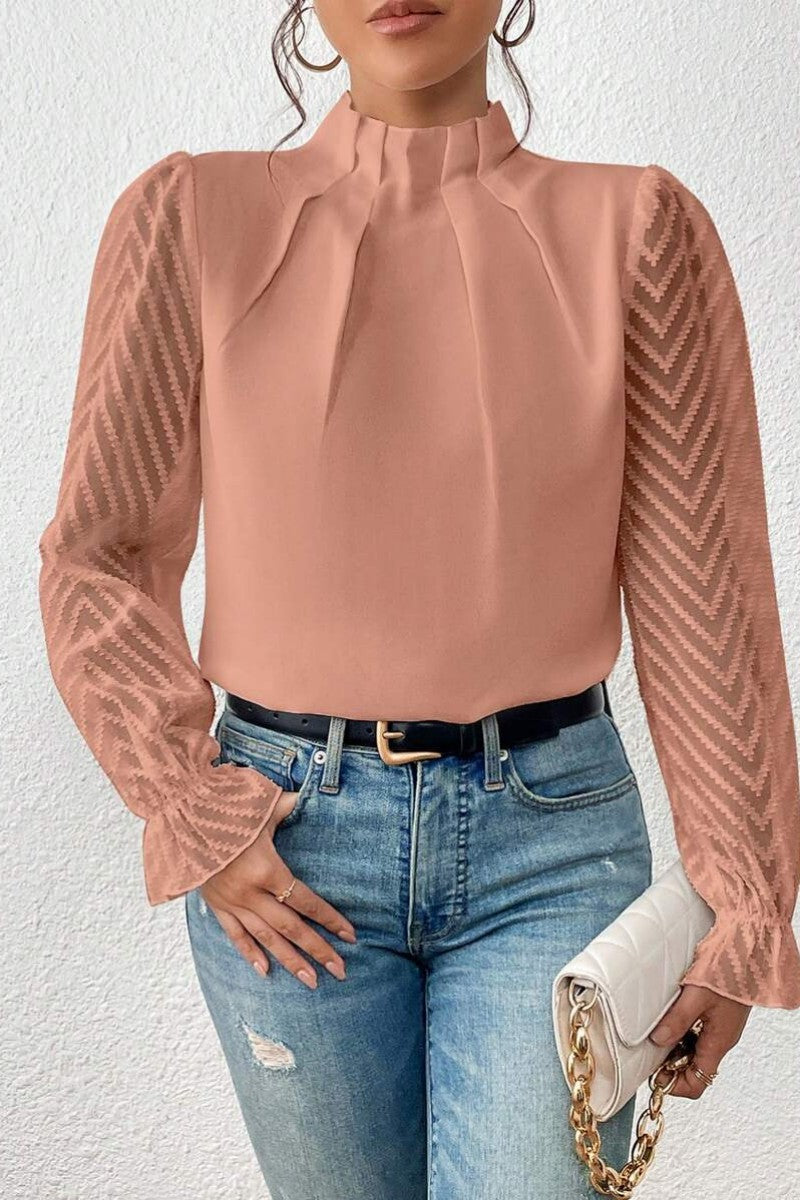 Casual Solid Patchwork Flounce Half A Turtleneck Tops - Fashionpara