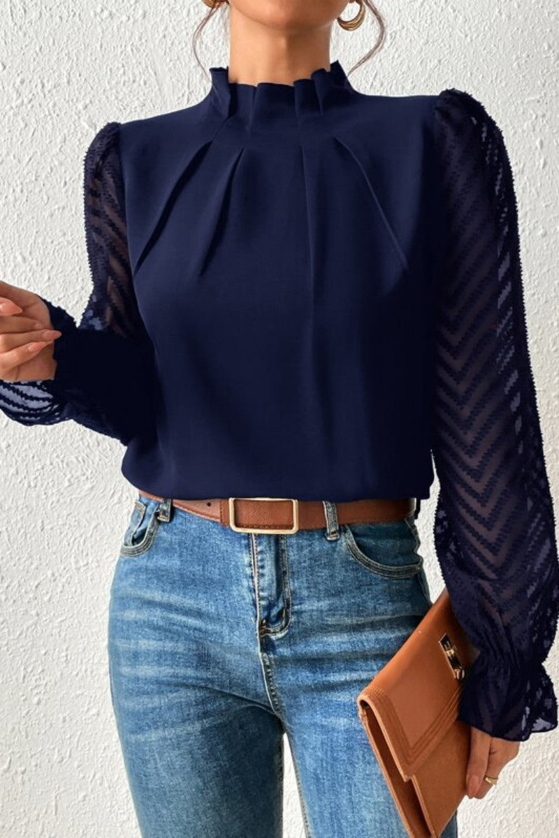 Casual Solid Patchwork Flounce Half A Turtleneck Tops - Fashionpara