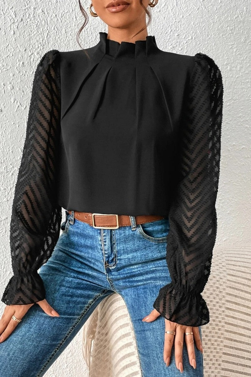 Casual Solid Patchwork Flounce Half A Turtleneck Tops - Fashionpara