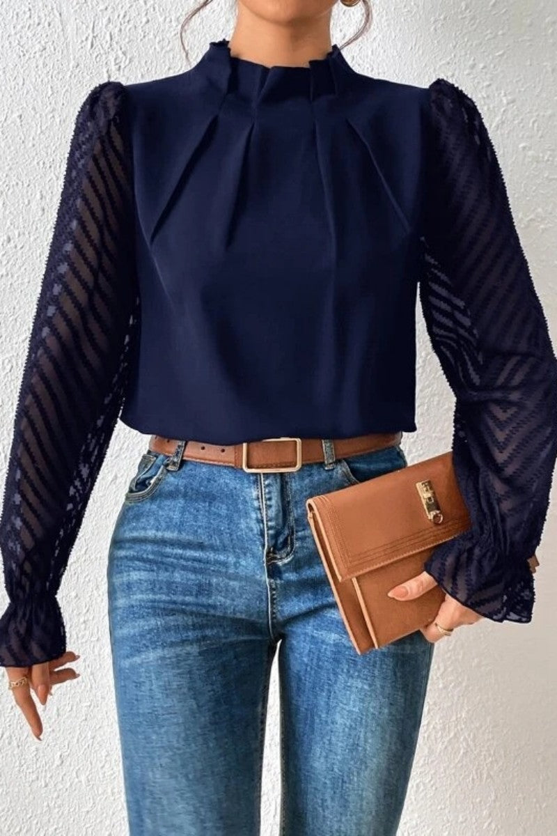 Casual Solid Patchwork Flounce Half A Turtleneck Tops - Fashionpara