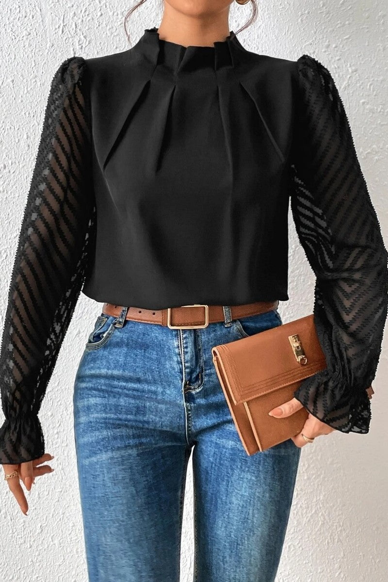 Casual Solid Patchwork Flounce Half A Turtleneck Tops - Fashionpara