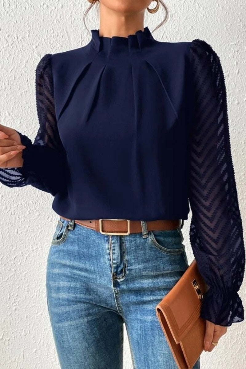 Casual Solid Patchwork Flounce Half A Turtleneck Tops - Fashionpara