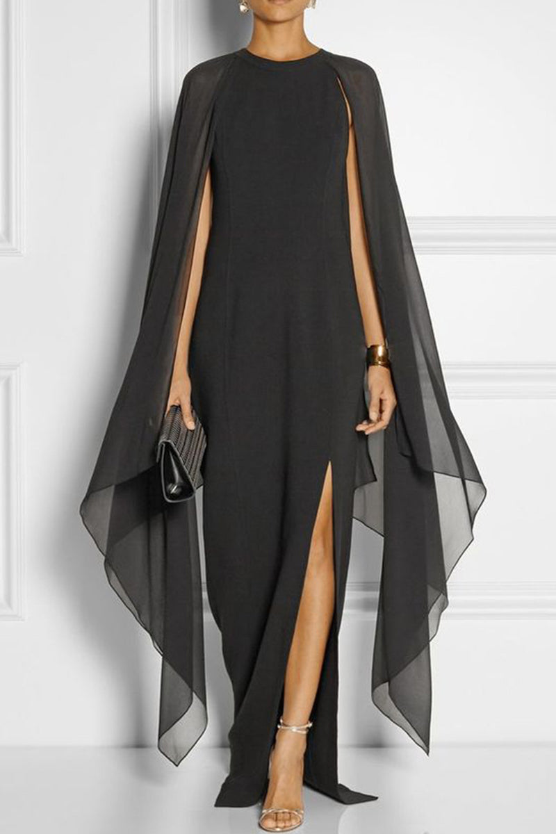 British Style Elegant Solid Slit O Neck Evening Dress Dresses - Fashionpara