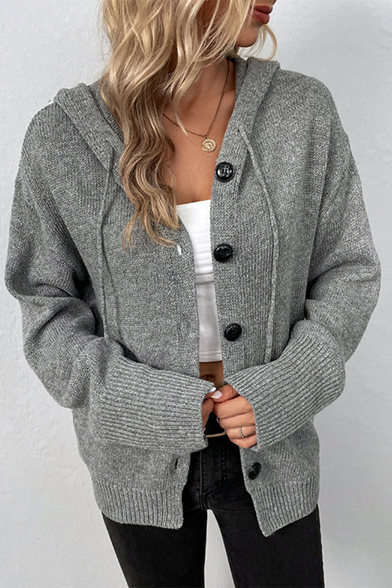 Casual Solid Buttons Hooded Collar Tops - Fashionpara