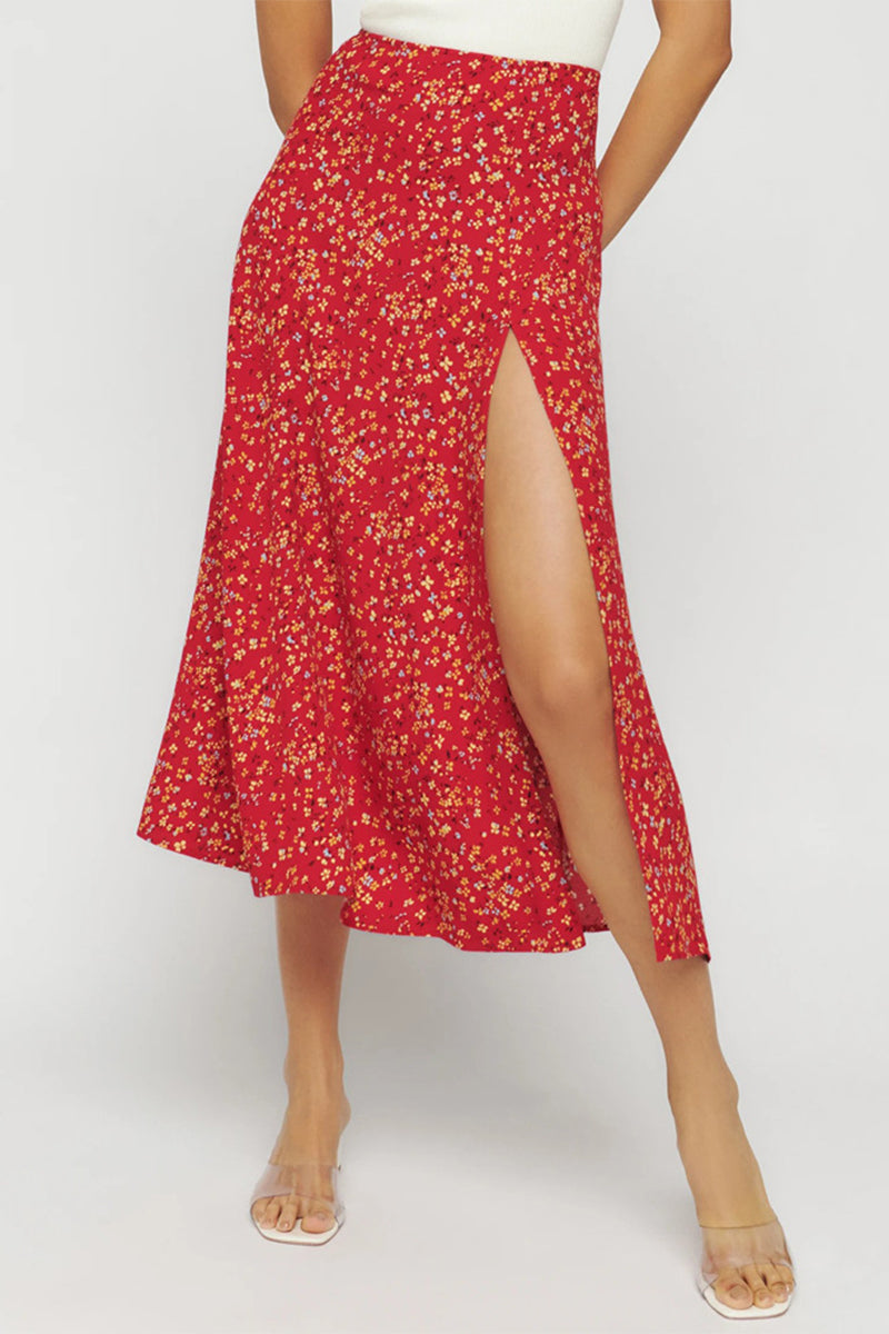 Elegant Print Slit Regular High Waist Type A Full Print Bottoms - Fashionpara