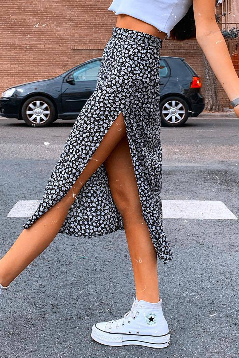 Elegant Print Slit Regular High Waist Type A Full Print Bottoms - Fashionpara