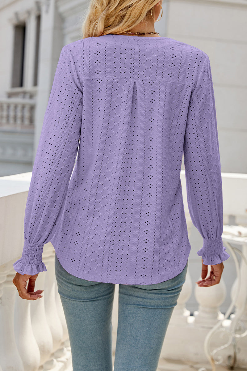 Casual Solid Hollowed Out Stringy Selvedge V Neck Tops - Fashionpara