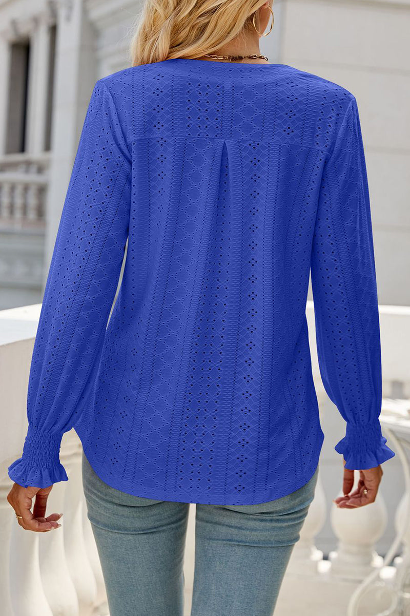 Casual Solid Hollowed Out Stringy Selvedge V Neck Tops