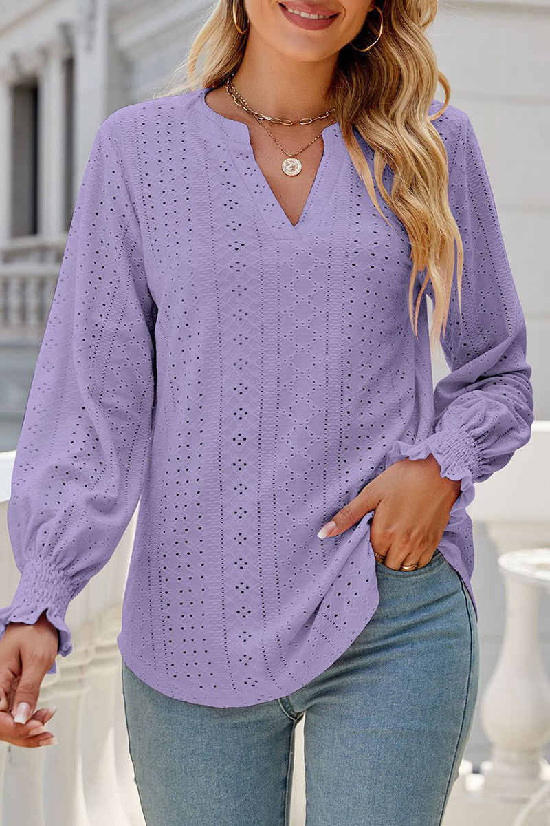 Casual Solid Hollowed Out Stringy Selvedge V Neck Tops - Fashionpara