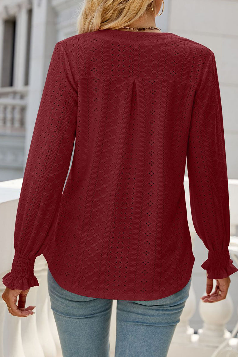 Casual Solid Hollowed Out Stringy Selvedge V Neck Tops - Fashionpara