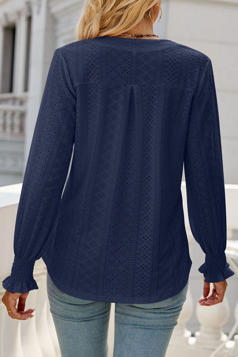 Casual Solid Hollowed Out Stringy Selvedge V Neck Tops - Fashionpara