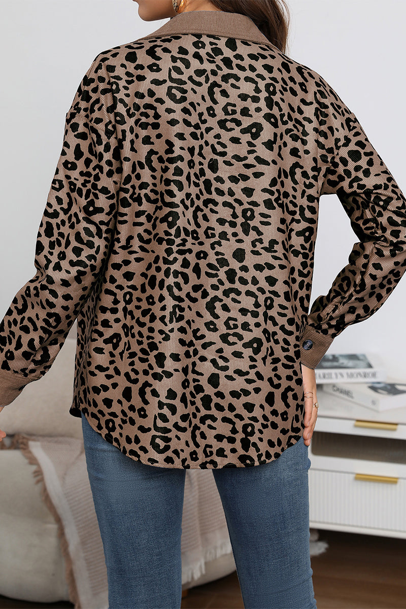 Casual Sweet Leopard Pocket Turndown Collar Tops - Fashionpara