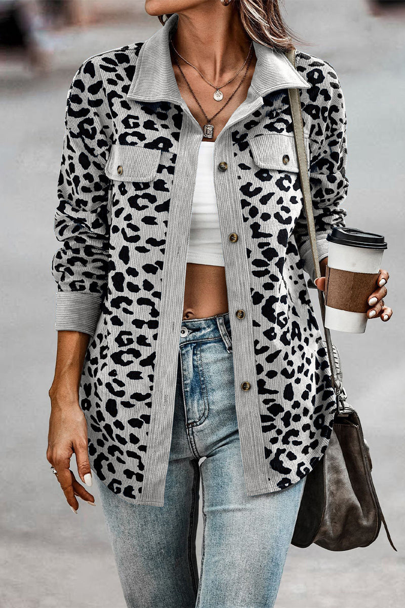 Casual Sweet Leopard Pocket Turndown Collar Tops - Fashionpara