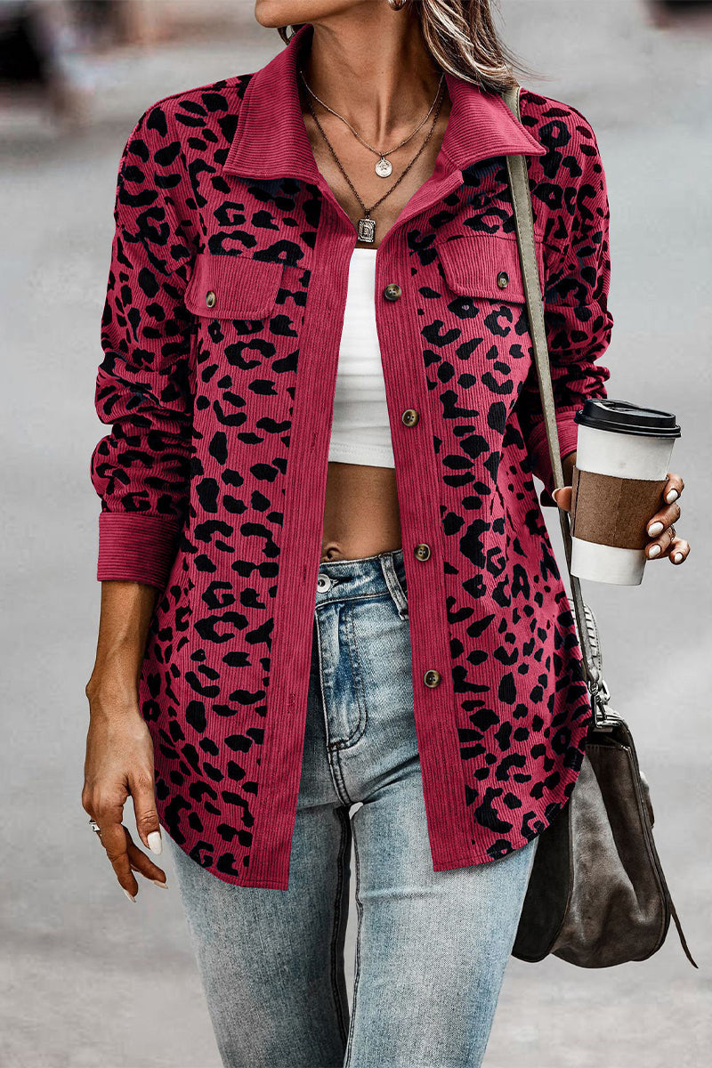 Casual Sweet Leopard Pocket Turndown Collar Tops - Fashionpara