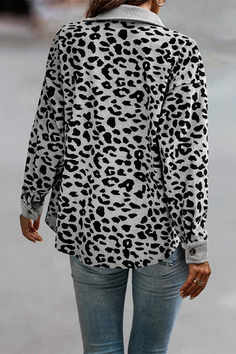 Casual Sweet Leopard Pocket Turndown Collar Tops - Fashionpara