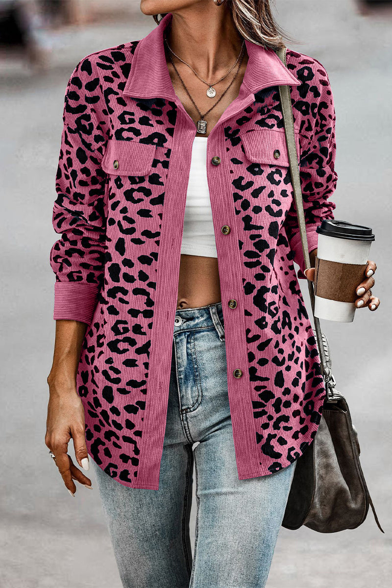 Casual Sweet Leopard Pocket Turndown Collar Tops - Fashionpara
