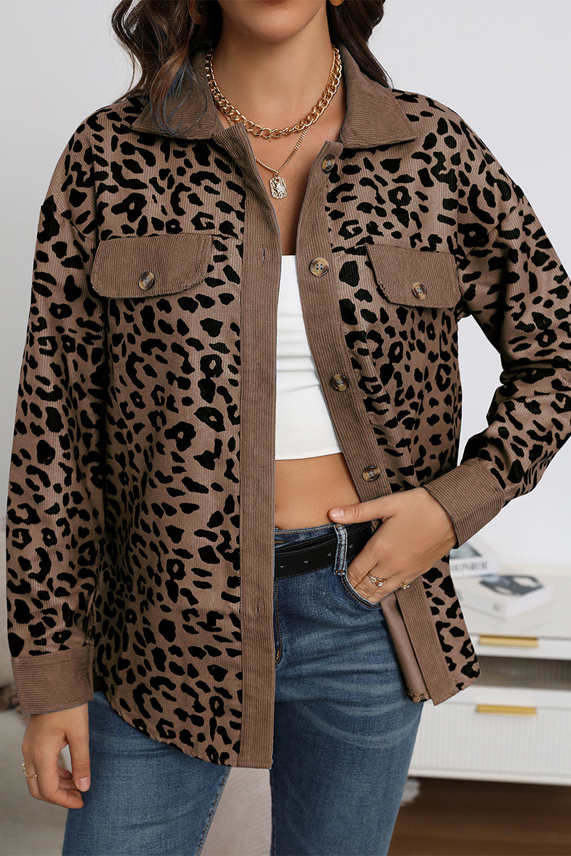 Casual Sweet Leopard Pocket Turndown Collar Tops - Fashionpara