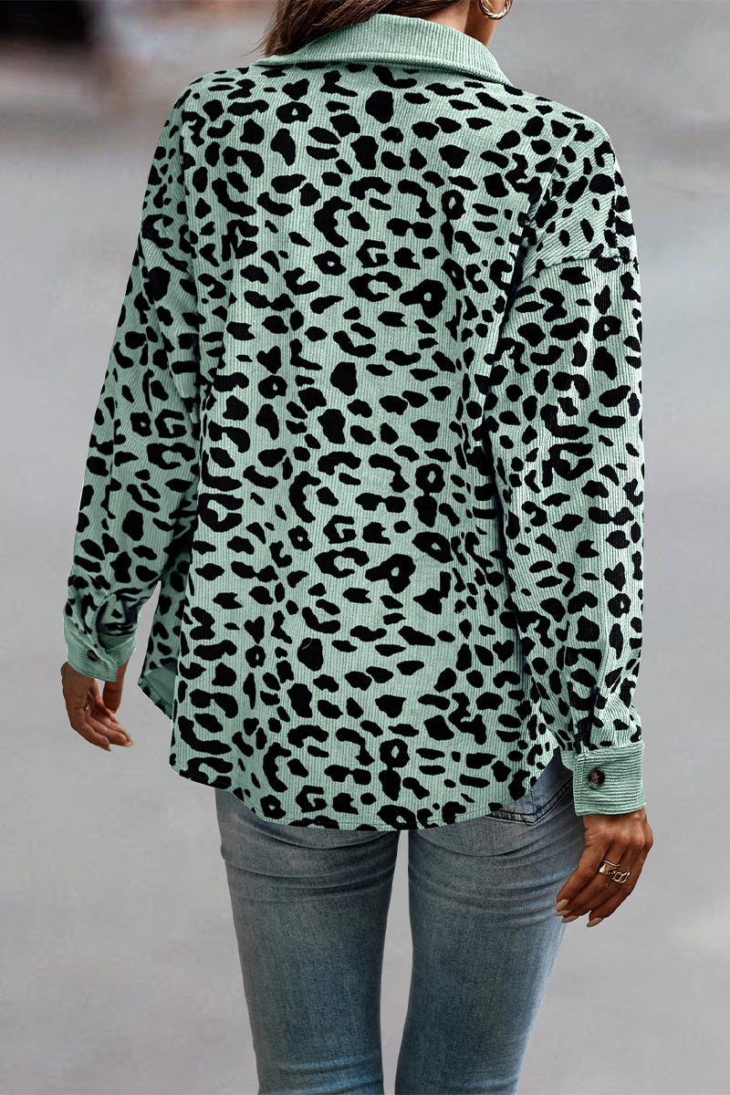 Casual Sweet Leopard Pocket Turndown Collar Tops - Fashionpara