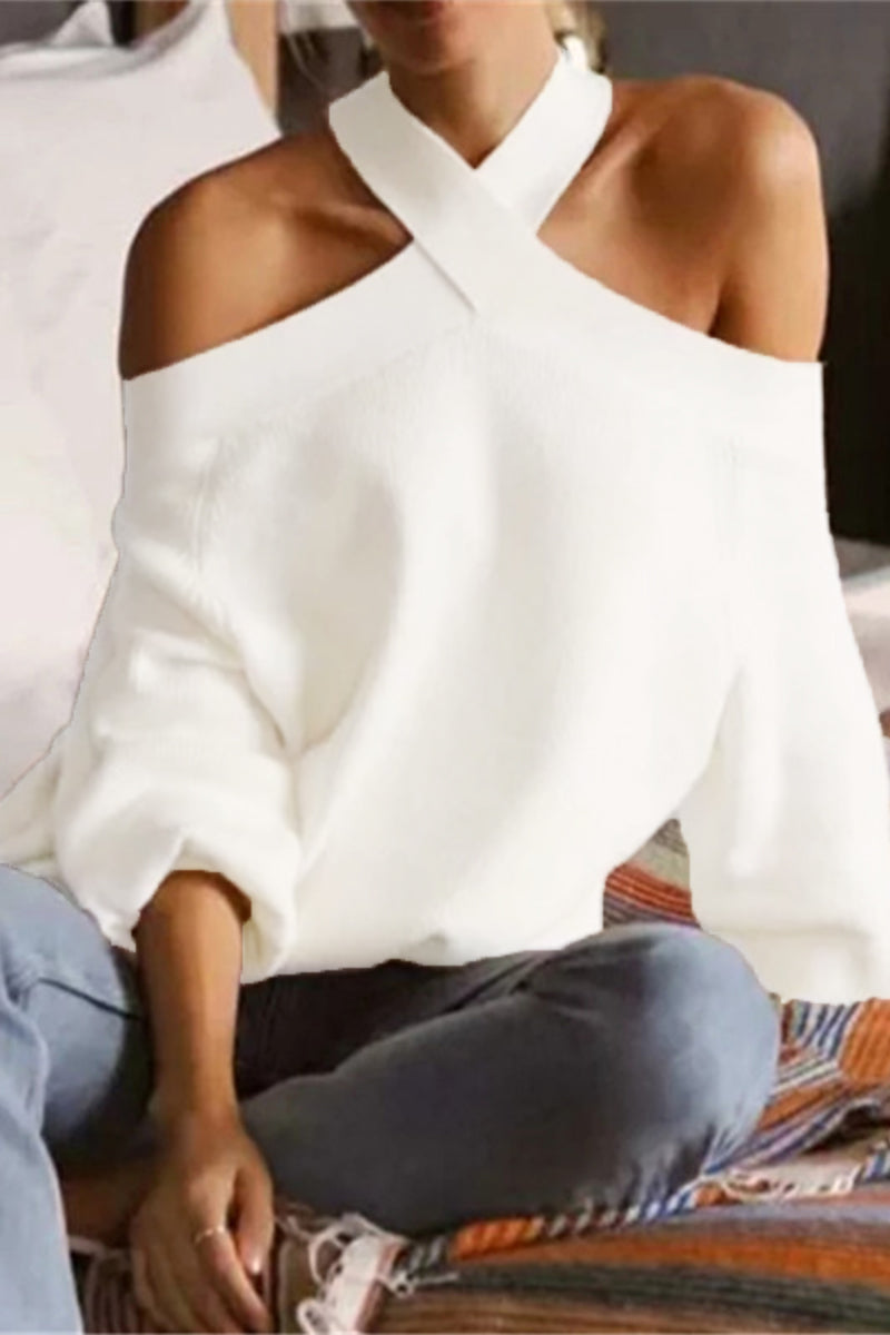 Sexy Solid Neck Hanger Off Shoulder Halter Sweaters - Fashionpara