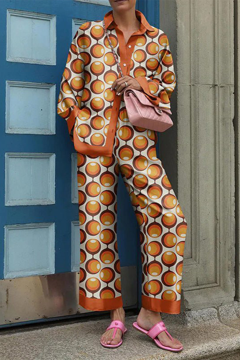 Casual Street Print Patchwork Turndown Collar Long Sleeve Two Pieces