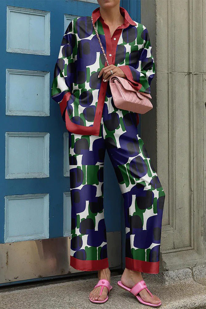 Casual Street Print Patchwork Turndown Collar Long Sleeve Two Pieces