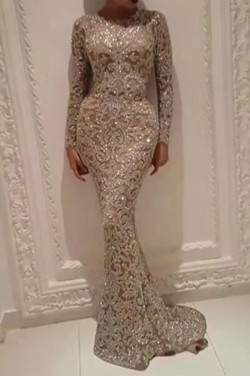 Elegant Bronzing Patchwork O Neck Evening Dress Dresses - Fashionpara