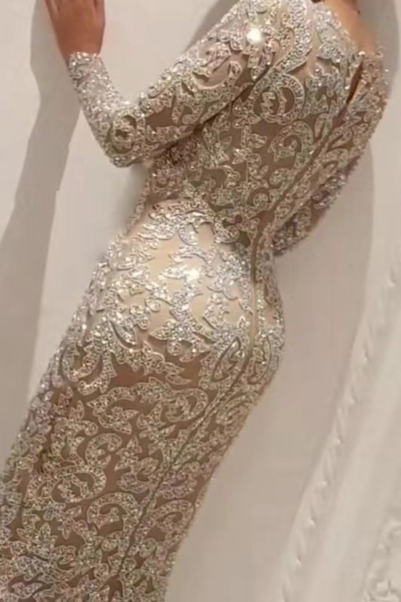 Elegant Bronzing Patchwork O Neck Evening Dress Dresses - Fashionpara