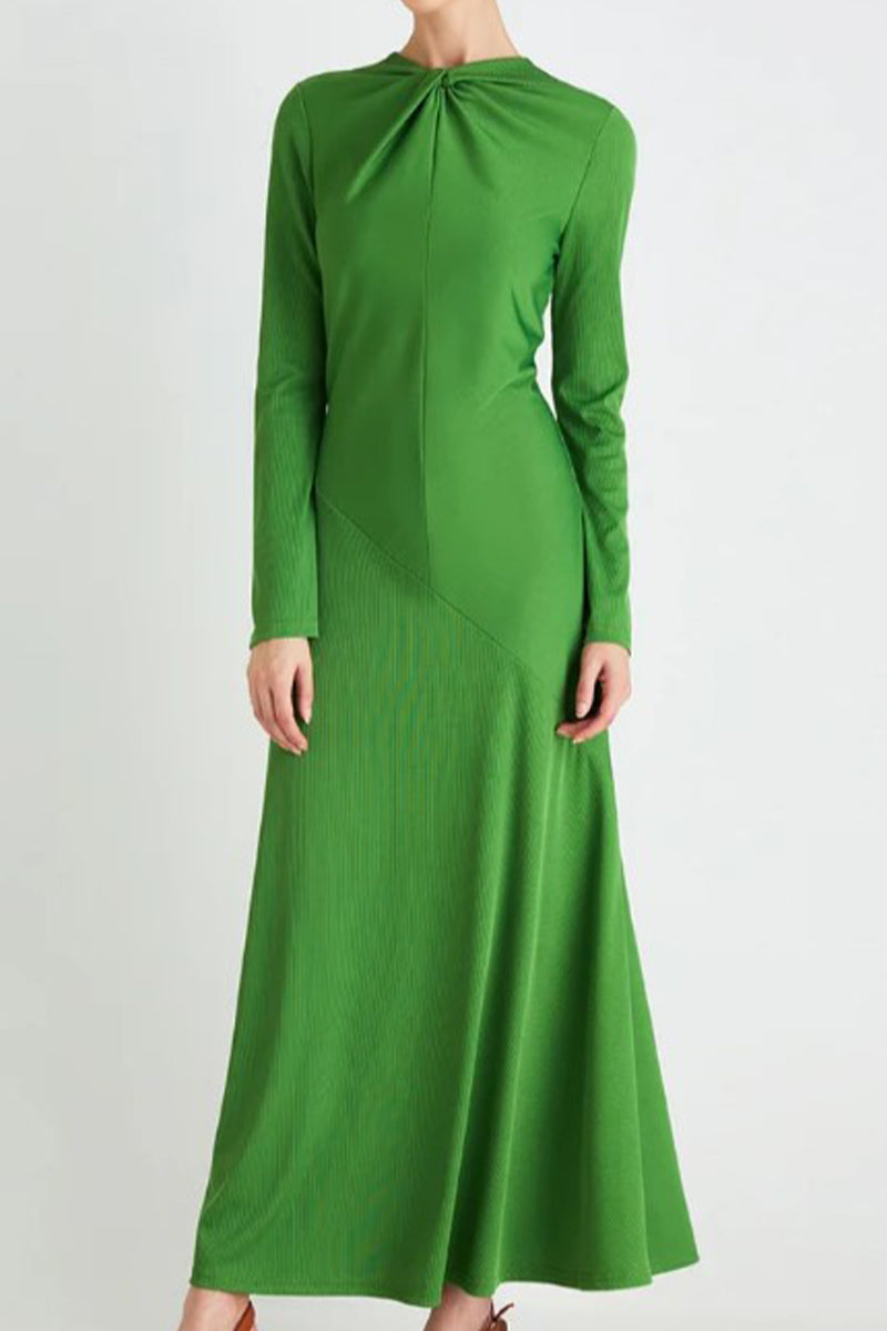 Casual Simplicity Solid Fold O Neck Long Sleeve Dresses  Fashionpara