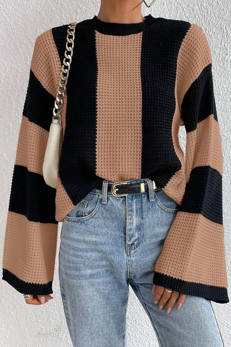 Casual Striped Contrast O Neck Tops - Fashionpara